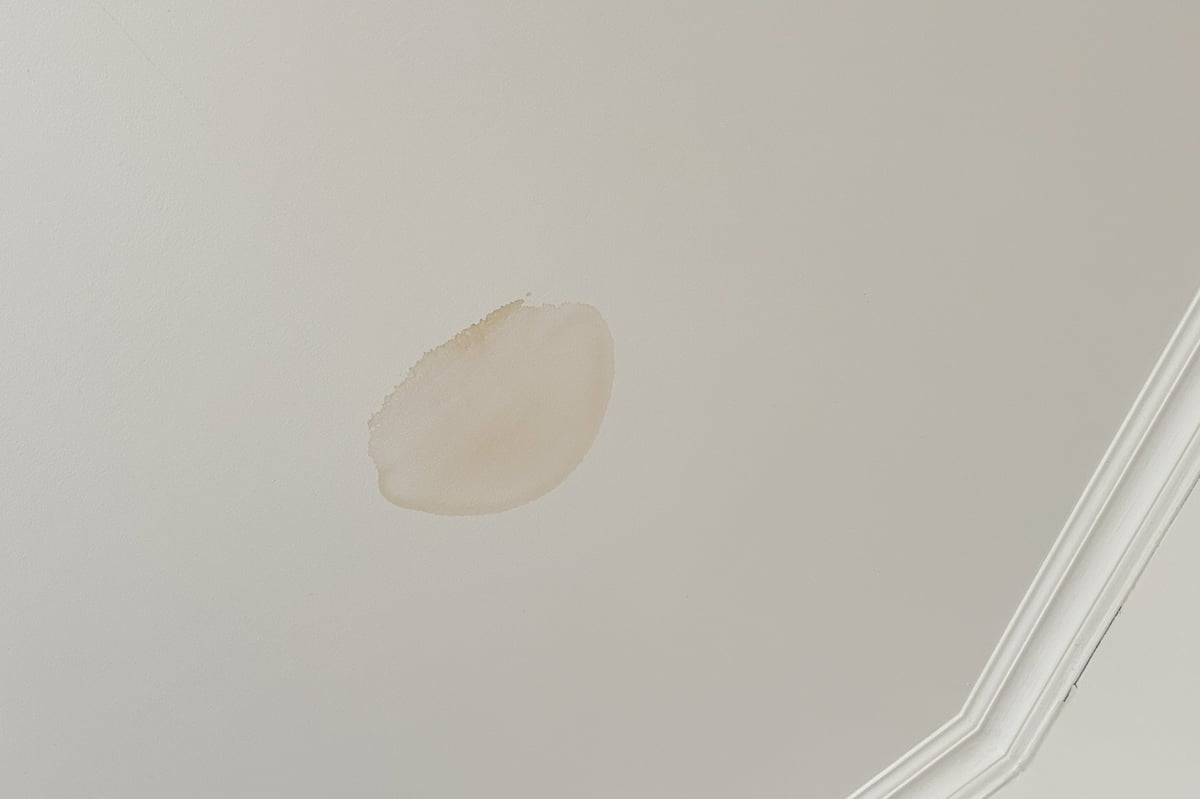 Minor water stain visible on residential bedroom ceiling — demonstration image