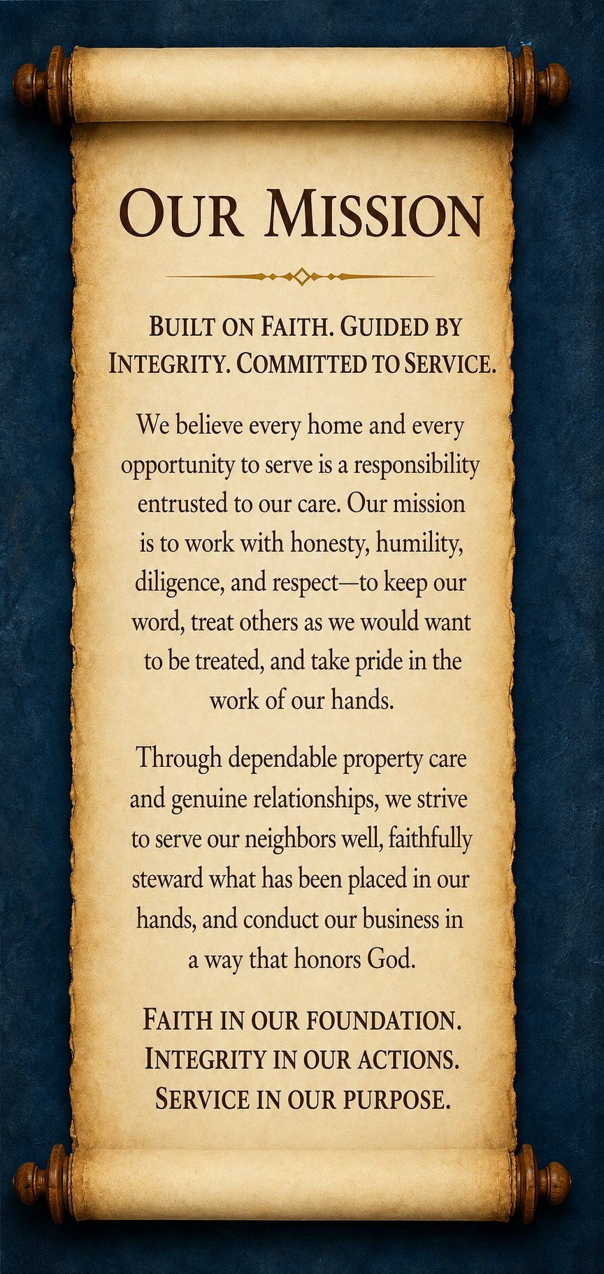 Suncoast Property Service Group faith-centered mission statement displayed on a vertical parchment scroll